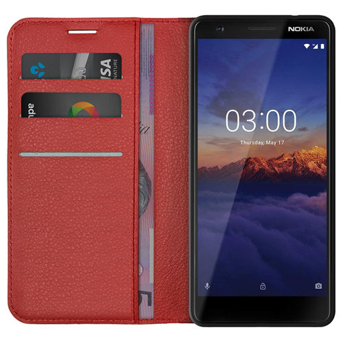Leather Wallet Case & Card Holder Pouch for Nokia 3.1 - Red